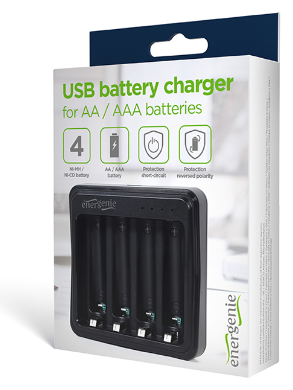 CARGADOR DE BATERIAS GEMBIRD USB DE 4 RANURAS COMPATIBLE AA, AAA RECARGABLES - detalle