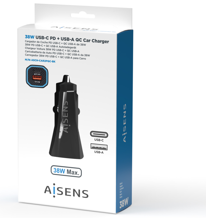 CARGADOR DE COCHE AISENS 38W1xUSB-C PD3.0 20W1xUSB-A QC3.0 18W NEGRO - detalle