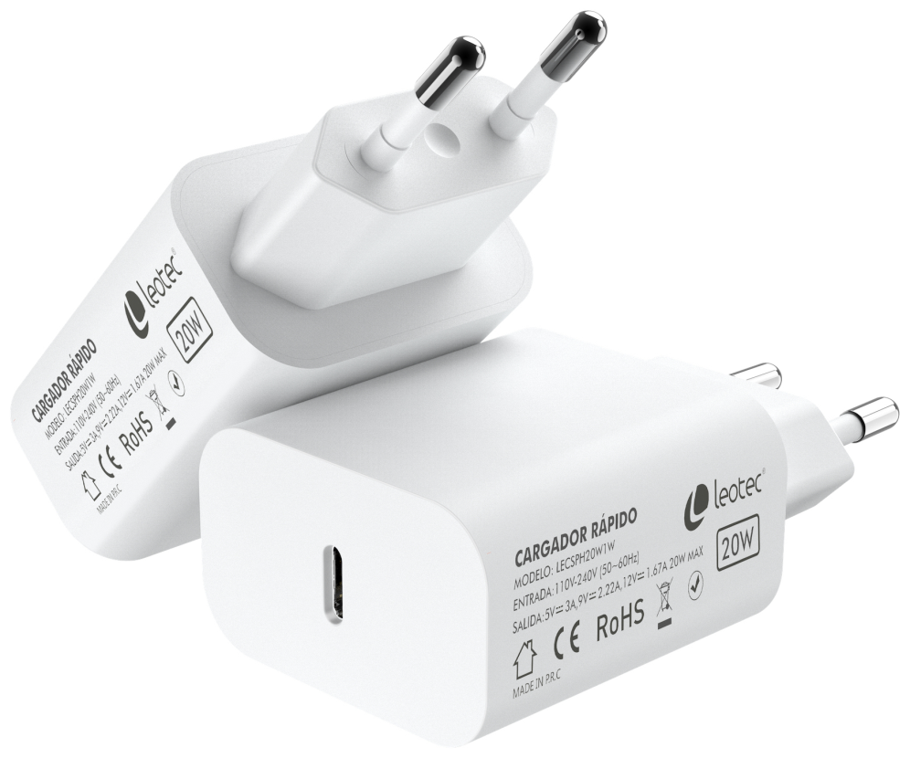 CARGADOR DE PARED LEOTEC USB C 20W 3.0 5V3A 9V2,22A 12V1,67A BLANCO - detalle