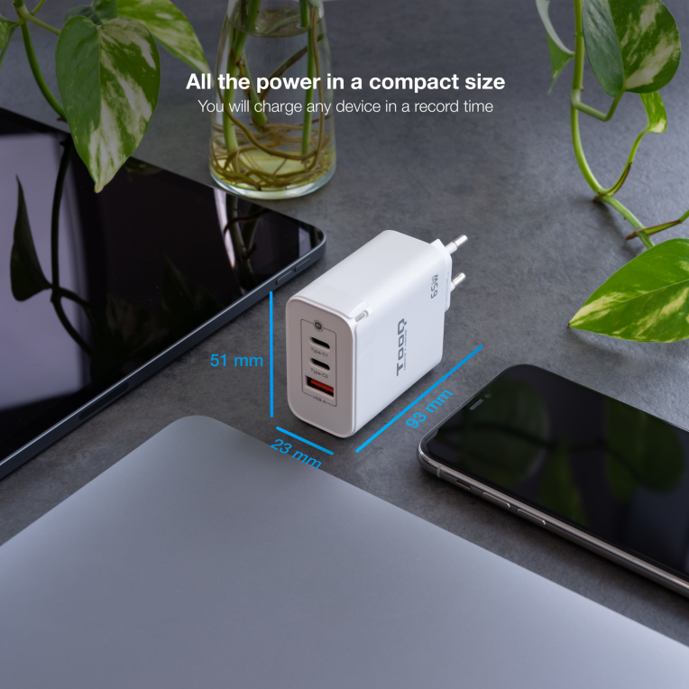 CARGADOR DE PARED TOOQ GAN 2USB-C PD USB-A QC 65W - detalle
