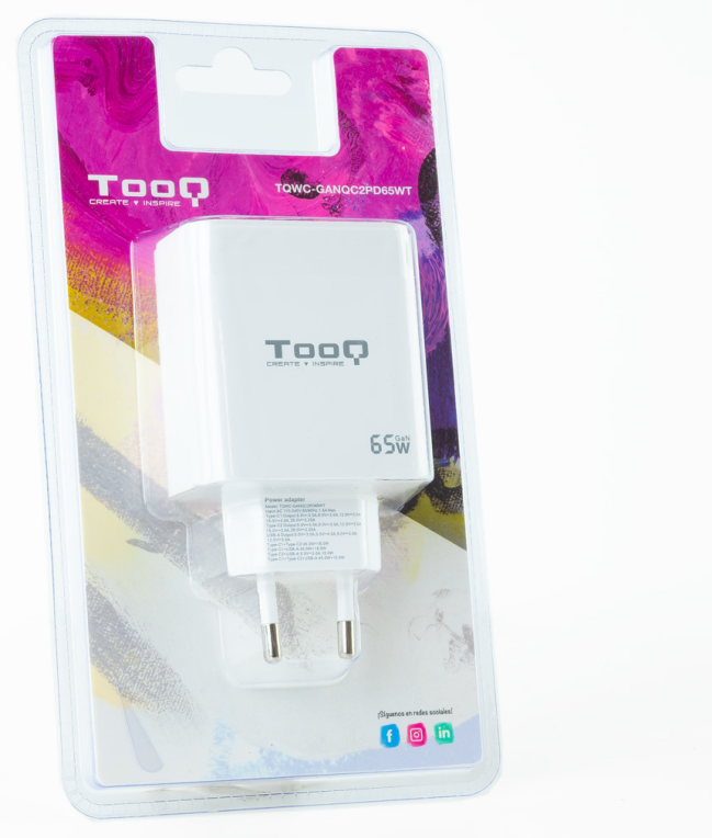 CARGADOR DE PARED TOOQ GAN 2USB-C PD USB-A QC 65W - detalle