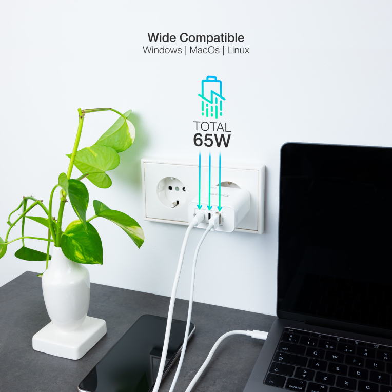 CARGADOR DE PARED TOOQ GAN 2USB-C PD USB-A QC 65W - detalle