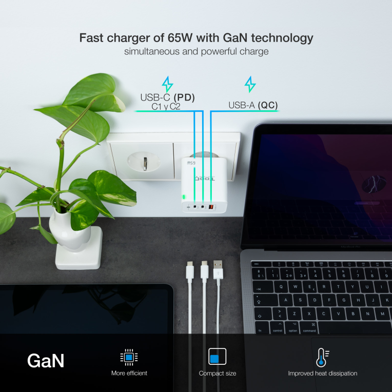CARGADOR DE PARED TOOQ GAN 2USB-C PD USB-A QC 65W - detalle
