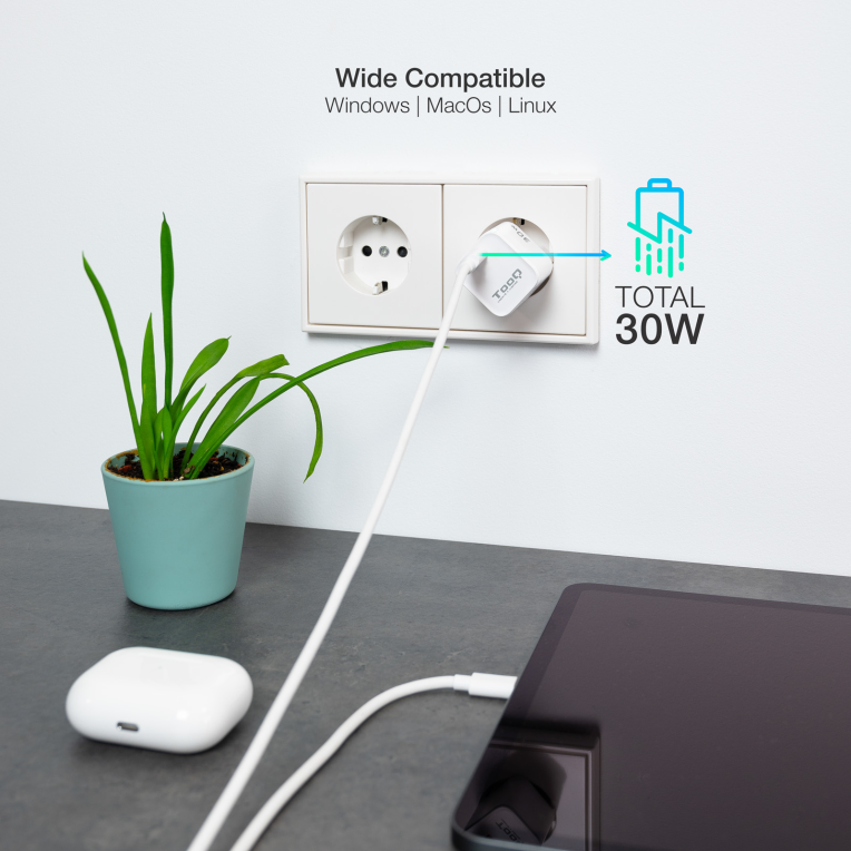 CARGADOR DE PARED TOOQ GAN USB-C PD 30W - detalle