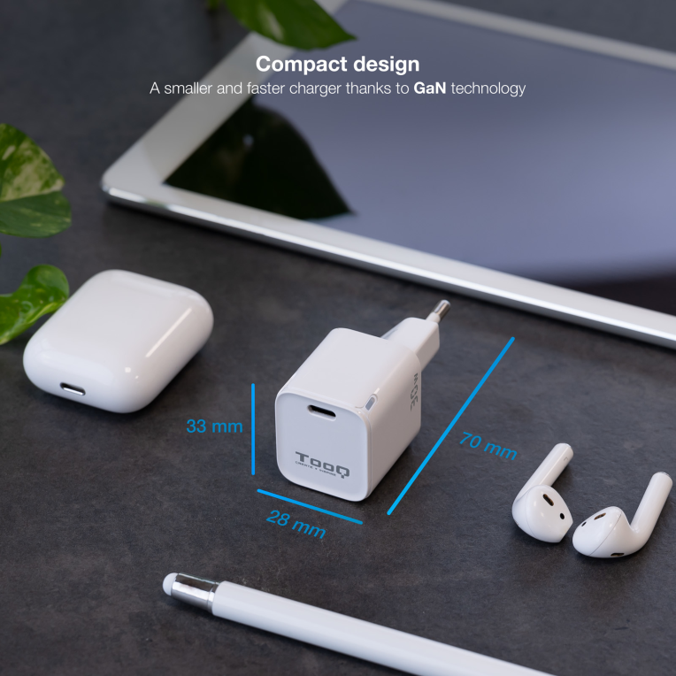 CARGADOR DE PARED TOOQ GAN USB-C PD 30W - detalle