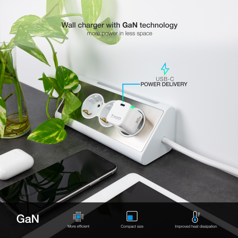 CARGADOR DE PARED TOOQ GAN USB-C PD 30W - detalle