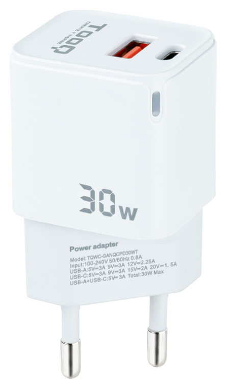 CARGADOR DE PARED TOOQ GAN USB-C PD USB-A QC 30W