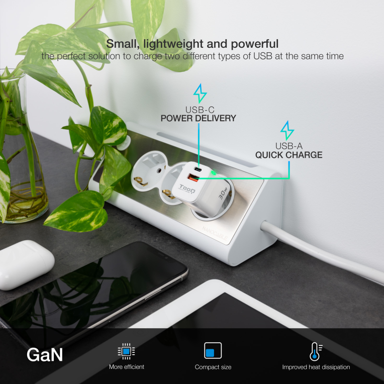 CARGADOR DE PARED TOOQ GAN USB-C PD USB-A QC 30W - detalle