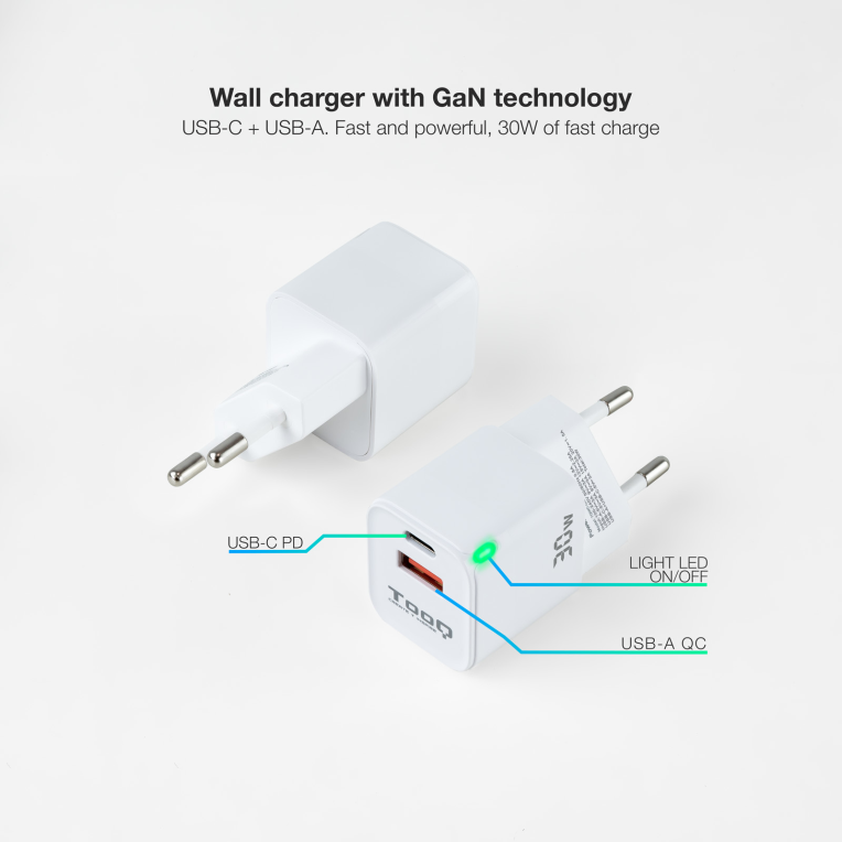 CARGADOR DE PARED TOOQ GAN USB-C PD USB-A QC 30W - detalle