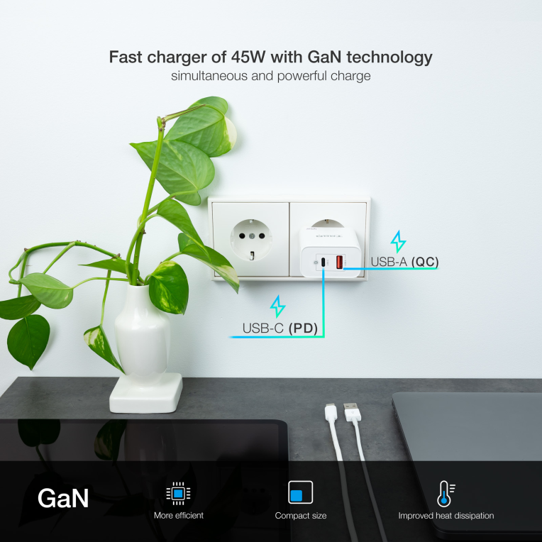 CARGADOR DE PARED TOOQ GAN USB C PD USB-A QC 45W - detalle