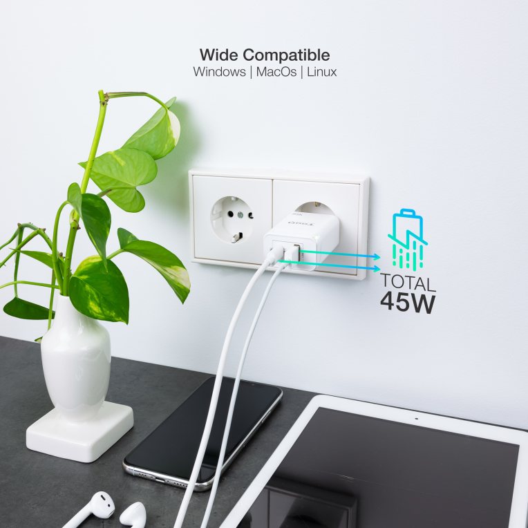 CARGADOR DE PARED TOOQ GAN USB C PD USB-A QC 45W - detalle
