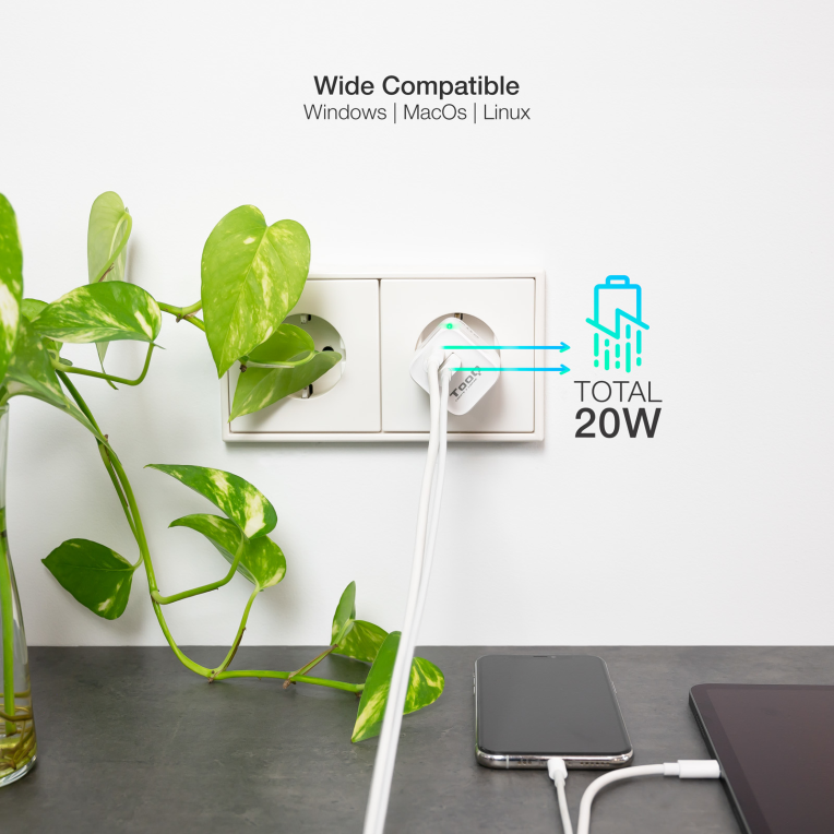 CARGADOR DE PARED TOOQ USB-C PD USB-A QC 20W - detalle