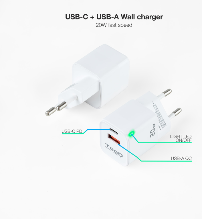 CARGADOR DE PARED TOOQ USB-C PD USB-A QC 20W - detalle