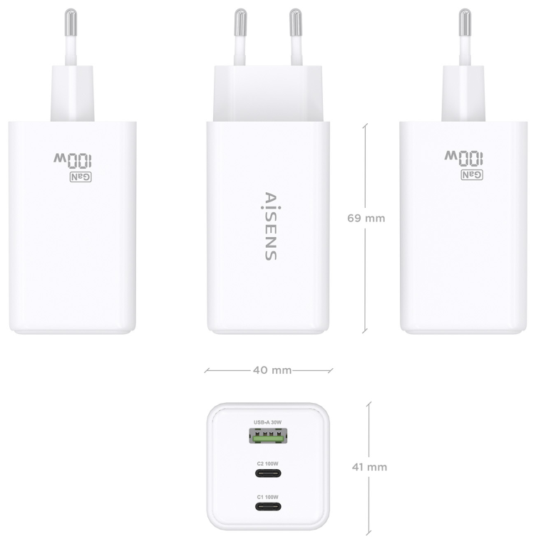 CARGADOR GAN AISENS 100W 2XUSB-C PD3.0 QC4.0 QC5.0 1XUSB-A QC3.0 - detalle