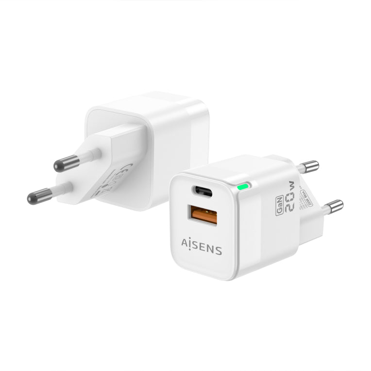 AISENS Cargador Gan 20W. 1xUSB-C PD3.0 QC4.0. 1xUSB-A QC3.0. Blanco