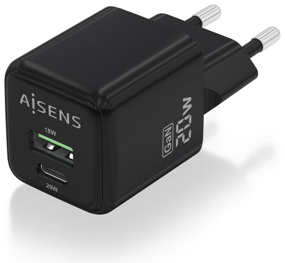 CARGADOR GAN AISENS 20W 1XUSB-C PD3.0 QC4.0 1XUSB-A QC3.0 NEGRO - detalle