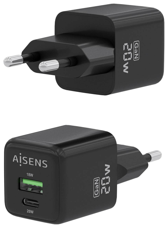 CARGADOR GAN AISENS 20W 1XUSB-C PD3.0 QC4.0 1XUSB-A QC3.0 NEGRO - detalle