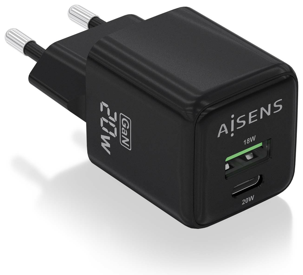 CARGADOR GAN AISENS 20W 1XUSB-C PD3.0 QC4.0 1XUSB-A QC3.0 NEGRO