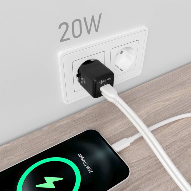 CARGADOR GAN AISENS 20W 1XUSB-C PD3.0 QC4.0 1XUSB-A QC3.0 NEGRO - detalle