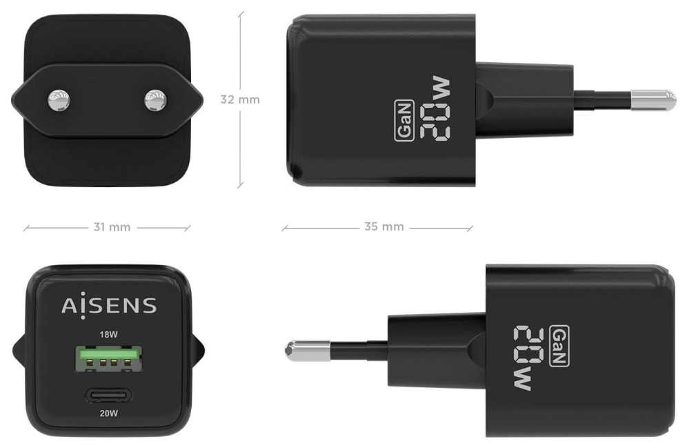 CARGADOR GAN AISENS 20W 1XUSB-C PD3.0 QC4.0 1XUSB-A QC3.0 NEGRO - detalle