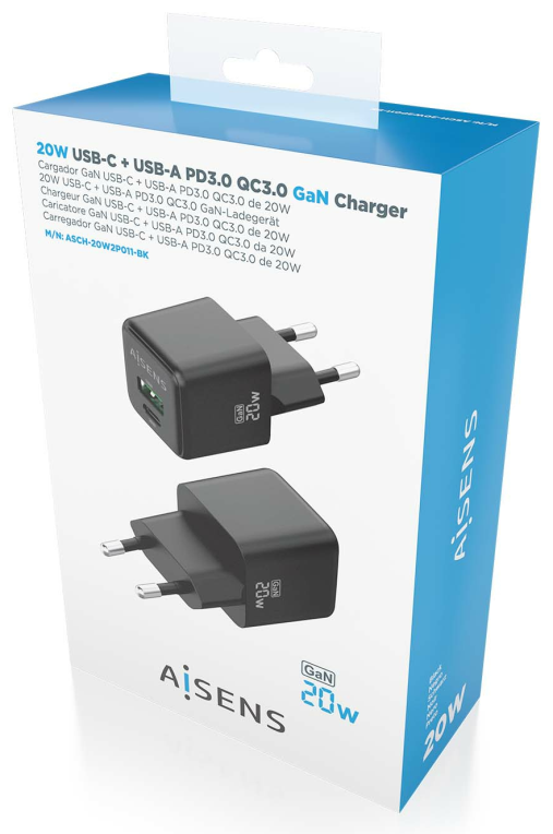 CARGADOR GAN AISENS 20W 1XUSB-C PD3.0 QC4.0 1XUSB-A QC3.0 NEGRO - detalle