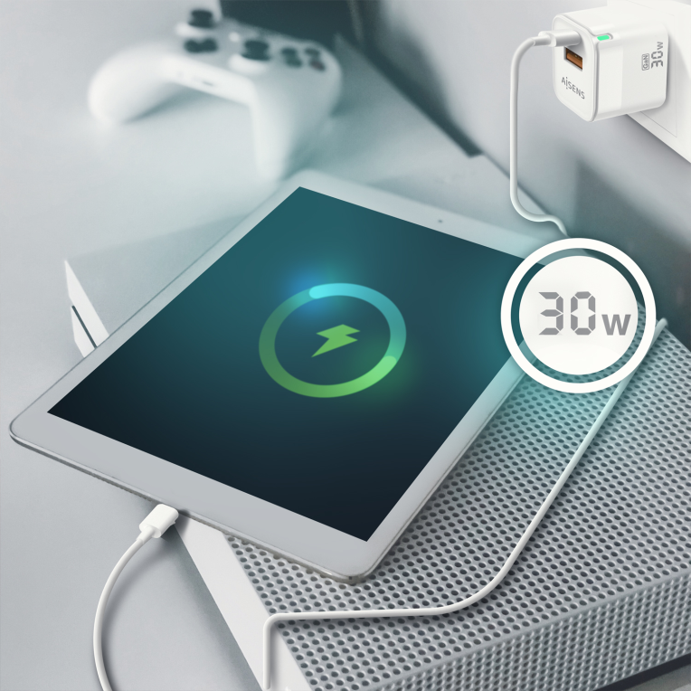 CARGADOR GAN AISENS 30W 1XUSB-C PD3.0 QC4.0 1XUSB-A QC3.0 BLANCO - detalle