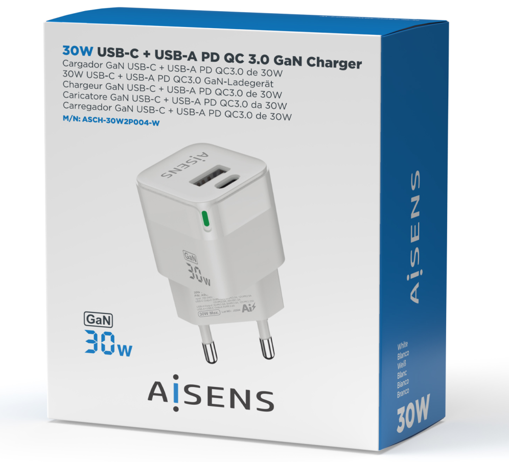 CARGADOR GAN AISENS 30W 1XUSB-C PD3.0 QC4.0 1XUSB-A QC3.0 BLANCO - detalle