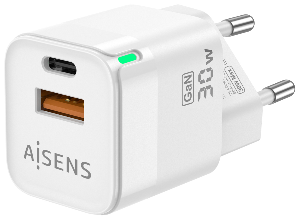 CARGADOR GAN AISENS 30W 1XUSB-C PD3.0 QC4.0 1XUSB-A QC3.0 BLANCO - detalle