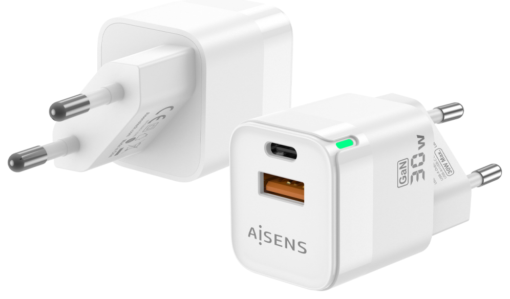 CARGADOR GAN AISENS 30W 1XUSB-C PD3.0 QC4.0 1XUSB-A QC3.0 BLANCO