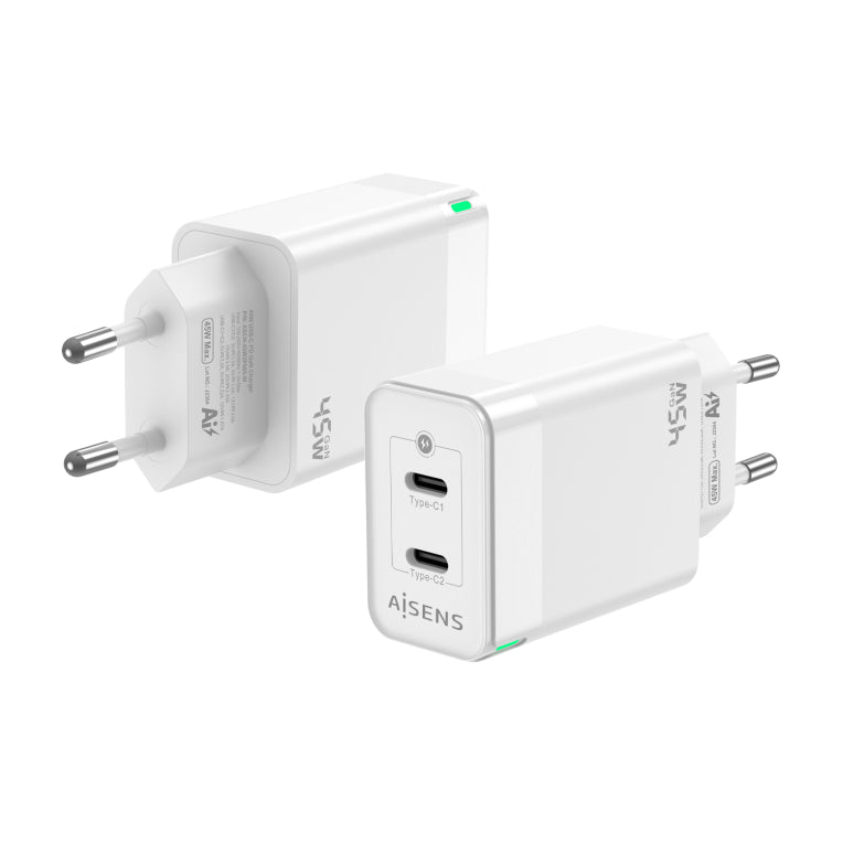 AISENS Cargador Gan 45W. 2xUSB-C PD3.0 QC4.0. Blanco
