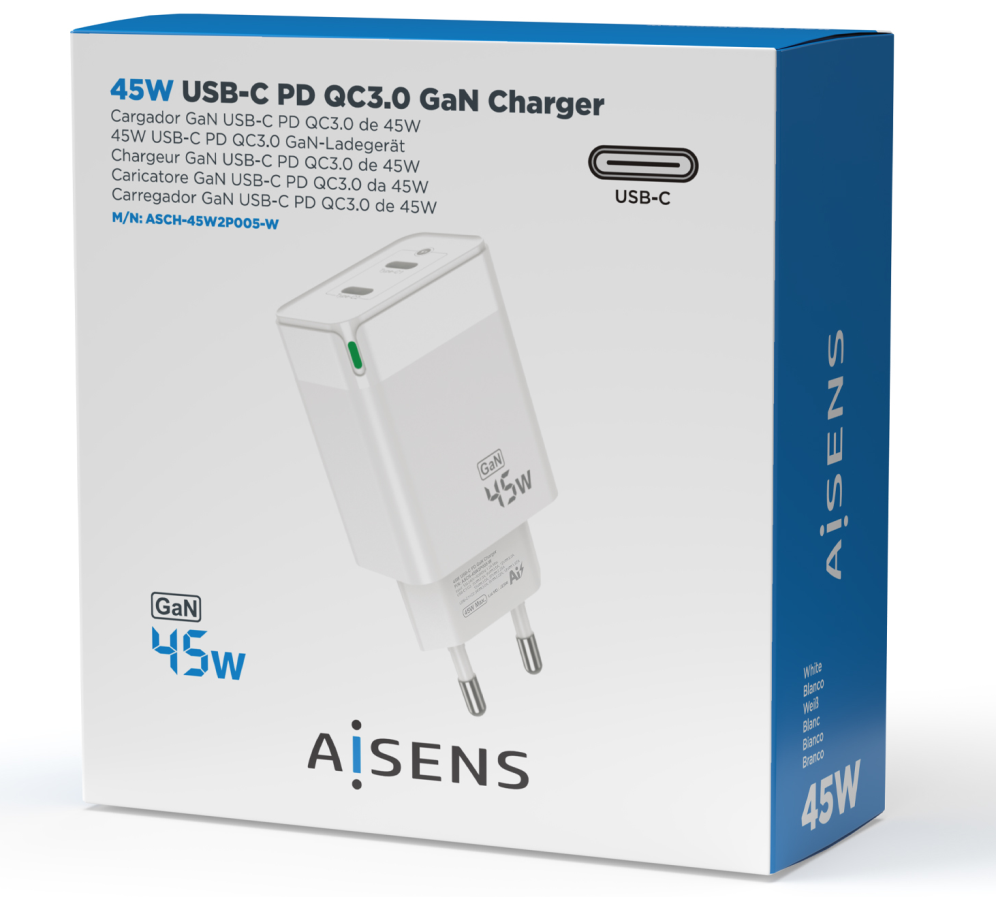 CARGADOR GAN AISENS 45W 2XUSB-C PD3.0 QC4.0 BLANCO - detalle