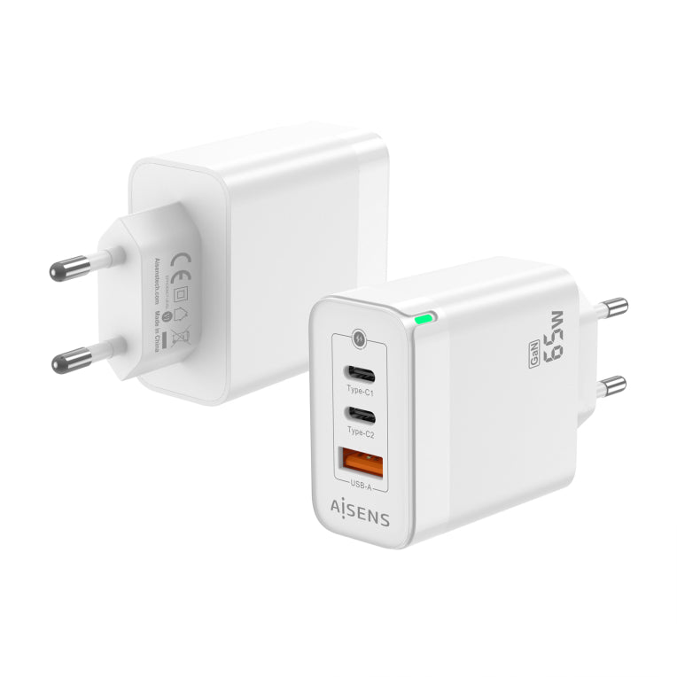 AISENS Cargador Gan 65W. 2xUSB-C PD3.0 QC4.0. 1xUSB-A QC3.0. Blanco