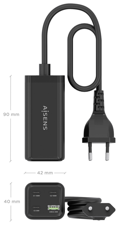 CARGADOR GAN AISENS SOBREMESA 100W 3XUSB-C PD3.0 QC4.0 QC5.0 USB-A QC3.0 - detalle