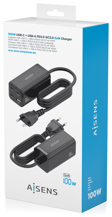 CARGADOR GAN AISENS SOBREMESA 100W 3XUSB-C PD3.0 QC4.0 QC5.0 USB-A QC3.0 - detalle