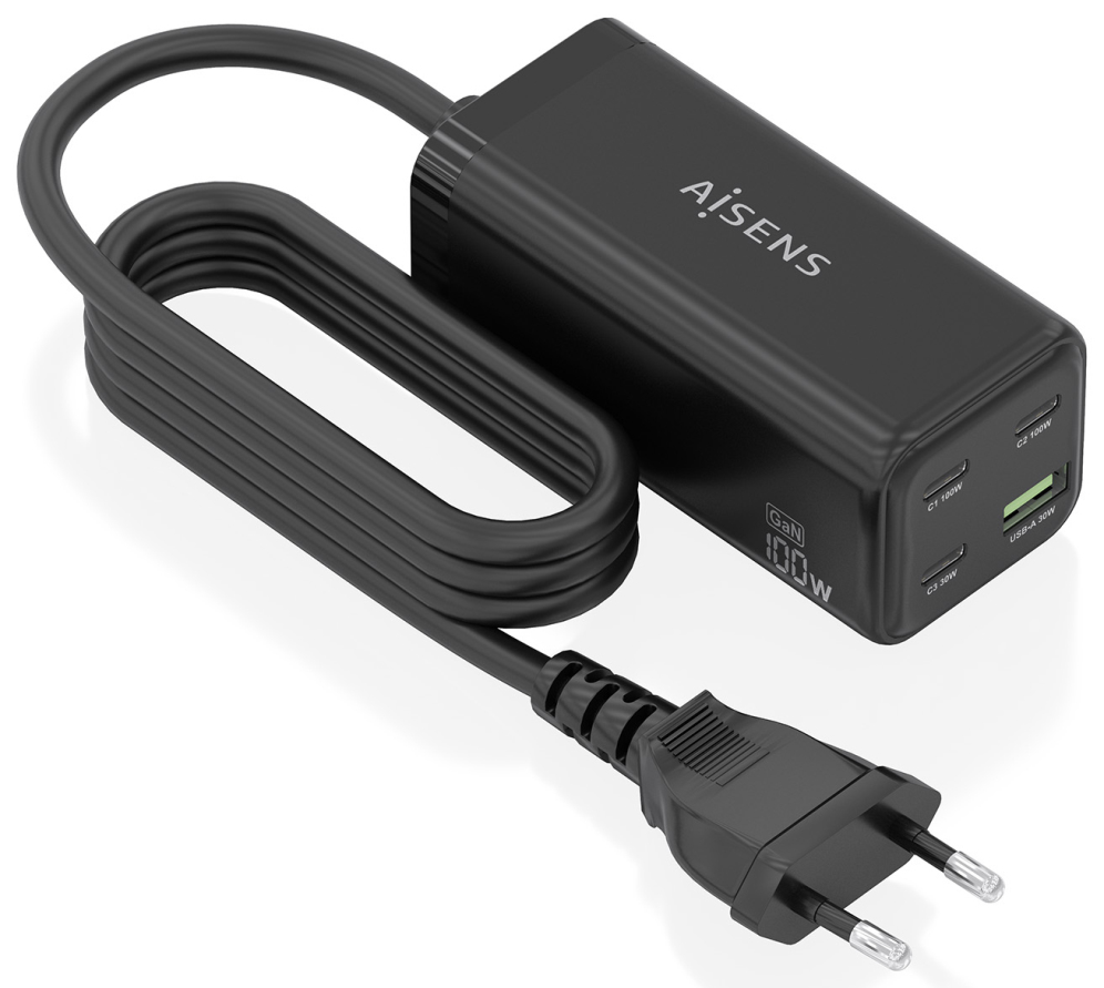 CARGADOR GAN AISENS SOBREMESA 100W 3XUSB-C PD3.0 QC4.0 QC5.0 USB-A QC3.0