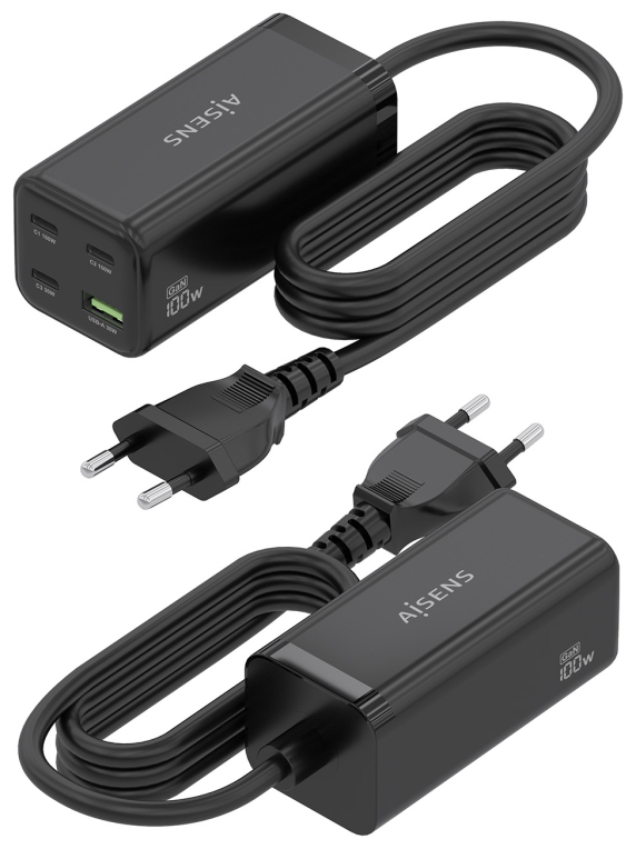 CARGADOR GAN AISENS SOBREMESA 100W 3XUSB-C PD3.0 QC4.0 QC5.0 USB-A QC3.0 - detalle