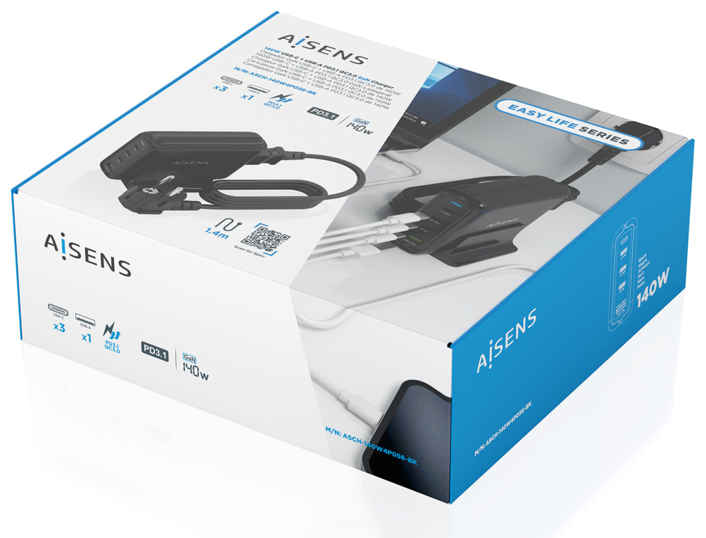 CARGADOR GAN AISENS SOBREMESA 140W 3XUSB-C PD3.1 QC4.0 QC5.0 USB-A QC3.0 - detalle