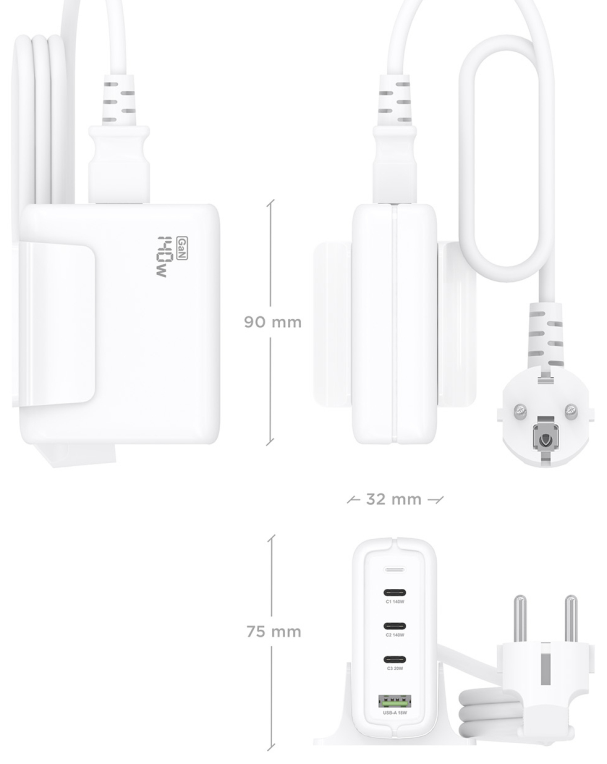 CARGADOR GAN AISENS SOBREMESA 140W 3XUSB-C PD3.1 QC4.0 QC5.0 USB-A QC3.0 - detalle
