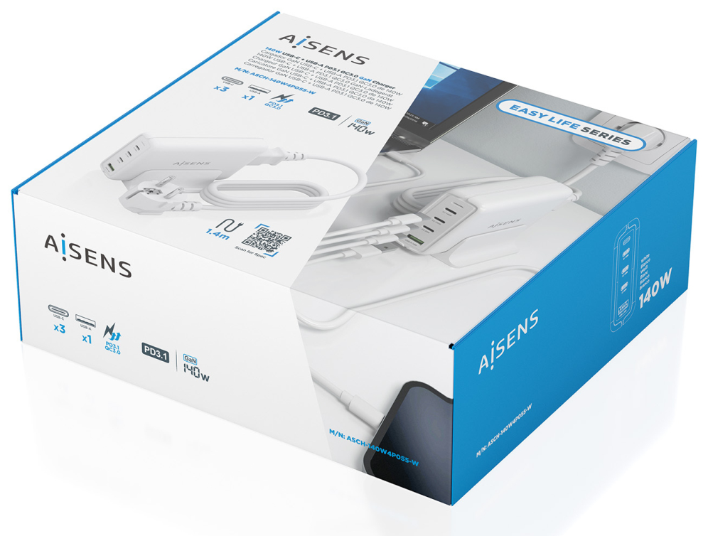 CARGADOR GAN AISENS SOBREMESA 140W 3XUSB-C PD3.1 QC4.0 QC5.0 USB-A QC3.0 - detalle