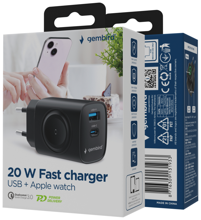 CARGADOR GEMBIRD 2-1 USB CARGA RAPIDA + APPLE WATCH NEGRO - detalle