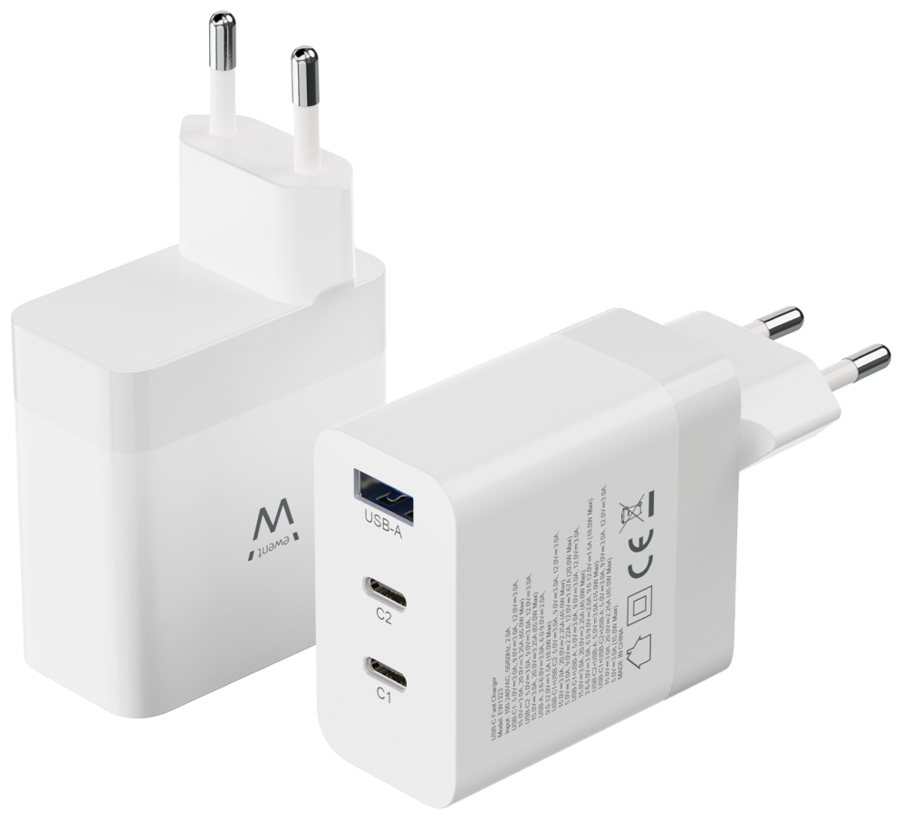 CARGADOR MOVIL EWENT CARGA RAPIDA PUERTOS 2 USB-C Y 1 USB-A 65W BLANCO - detalle