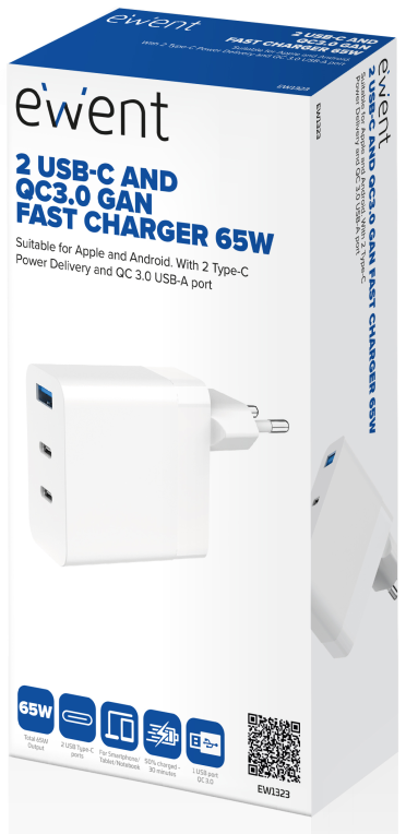 CARGADOR MOVIL EWENT CARGA RAPIDA PUERTOS 2 USB-C Y 1 USB-A 65W BLANCO - detalle