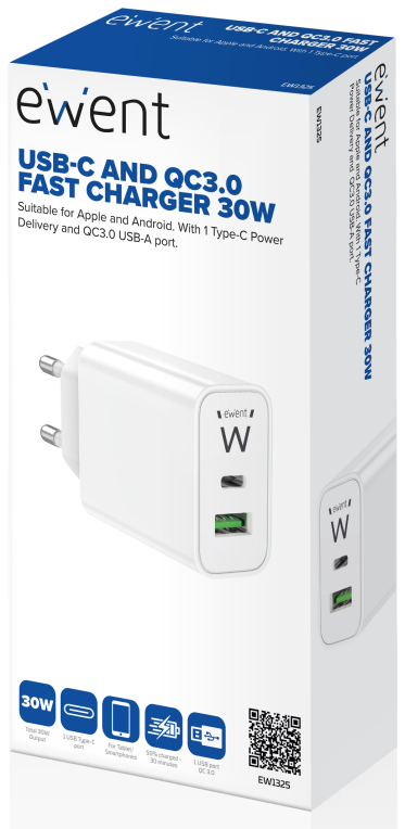 CARGADOR MOVIL EWENT CARGA RAPIDA PUERTOS USB-C Y USB-A 30W BLANCO - detalle