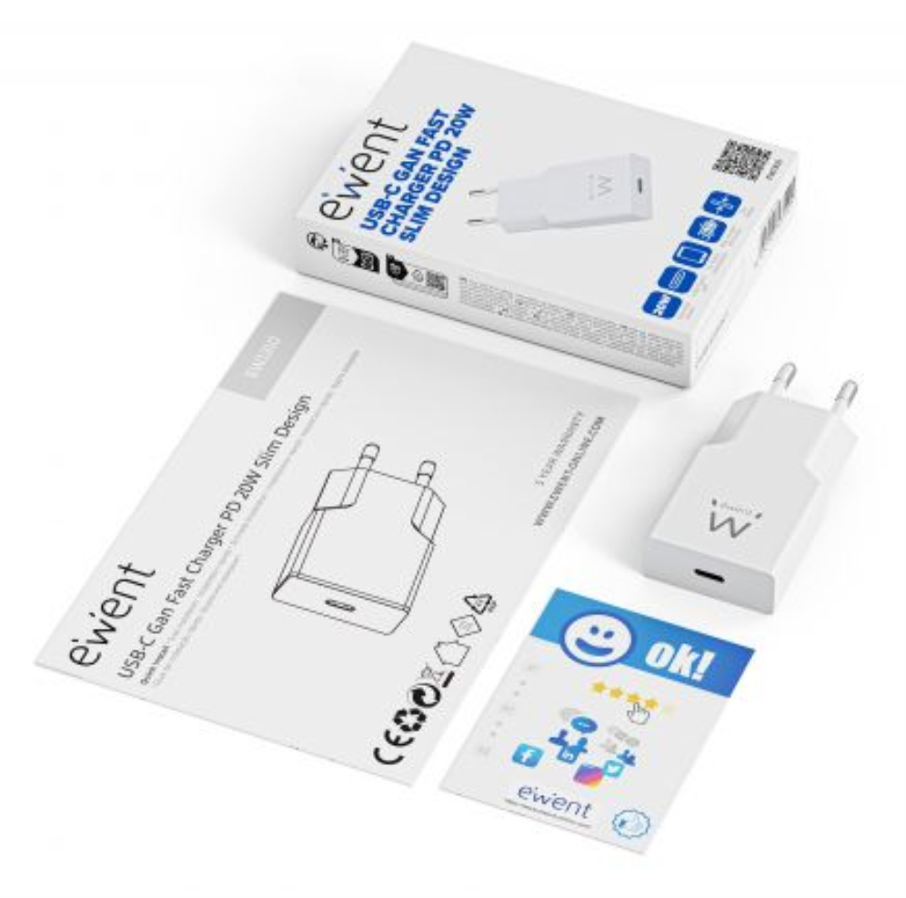 CARGADOR MOVIL EWENT EW1310 USB-C PD 20W GAN BLANCO - detalle