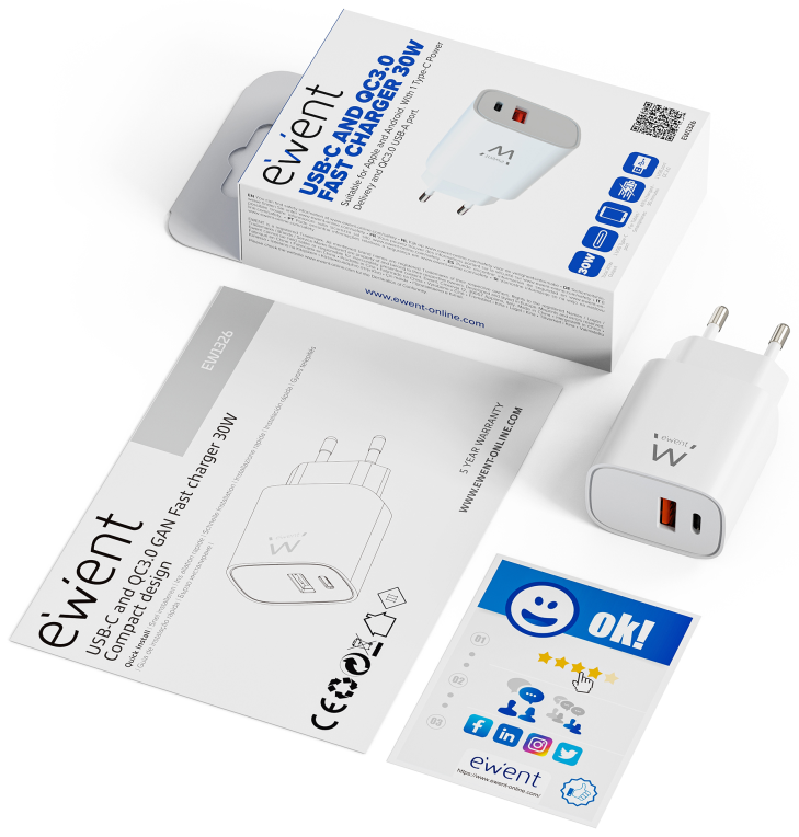 CARGADOR MOVIL EWENT EW1326 GAN RAPIDO 30W USB-C PD USB-A QC COMPACTO - detalle