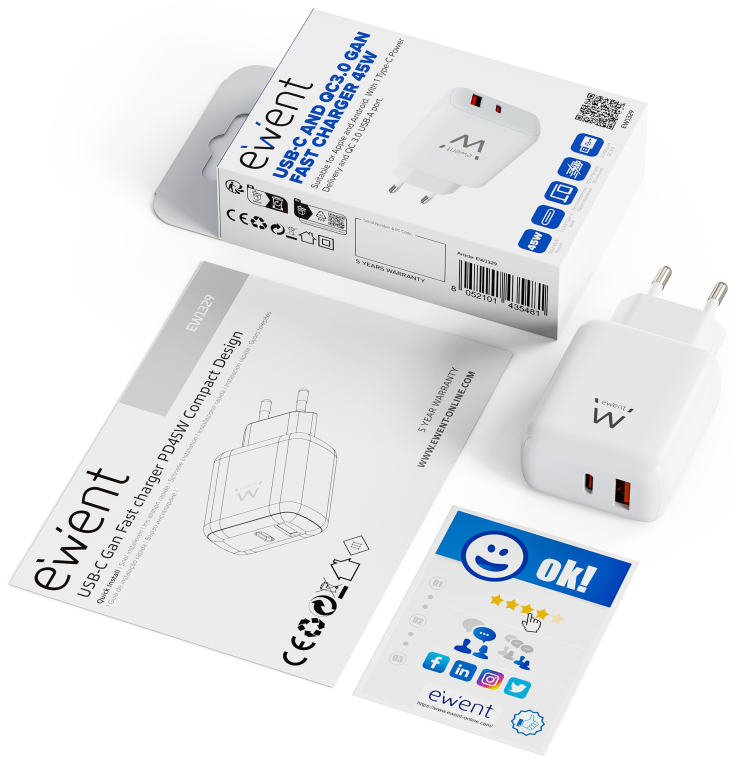CARGADOR MOVIL EWENT EW1329 GAN RAPIDO 45W USB-C PD USB-A QC COMPACTO - detalle