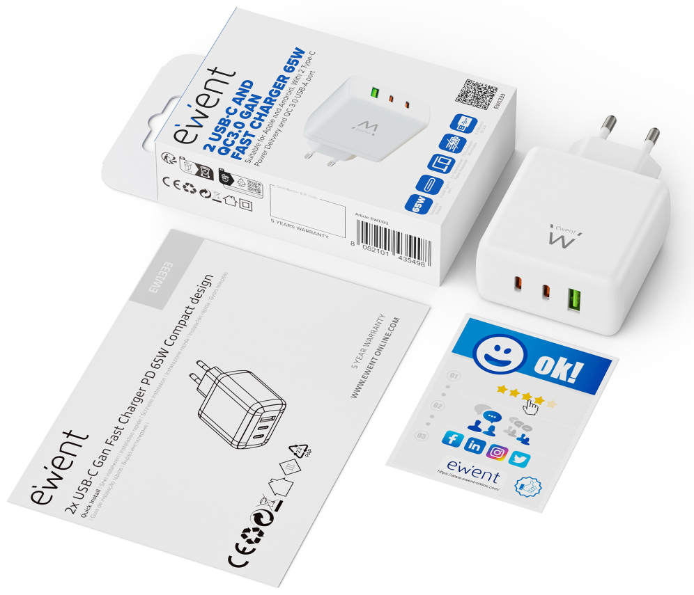 CARGADOR MOVIL EWENT EW1333 GAN RAPIDO 65W 2XUSB-C PD USB-A QC - detalle