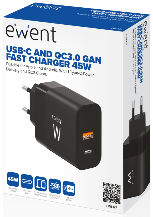 CARGADOR MOVIL EWENT RAPIDO USB-C/A 45W - detalle