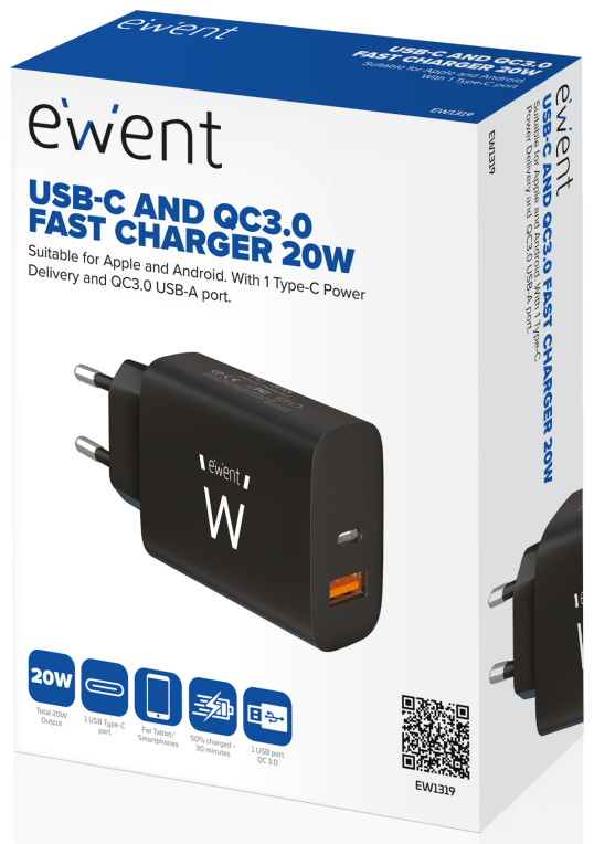 CARGADOR MOVIL EWENT RAPIDO USB-C y QC3.0 20W - detalle