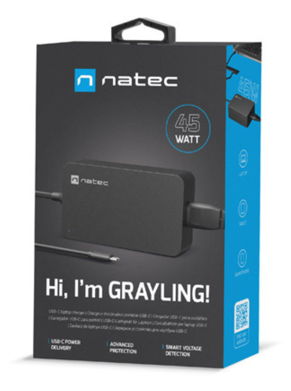 CARGADOR NATEC GRAYLING USB-C 45W PARA PORTATILES, TABLETS, SMARTPHONES - detalle